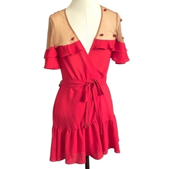 For Love & Lemons Red Mesh Shoulders Rosettes Wrap Mini Dress - XS/S, HTF style - Picture 4 of 14